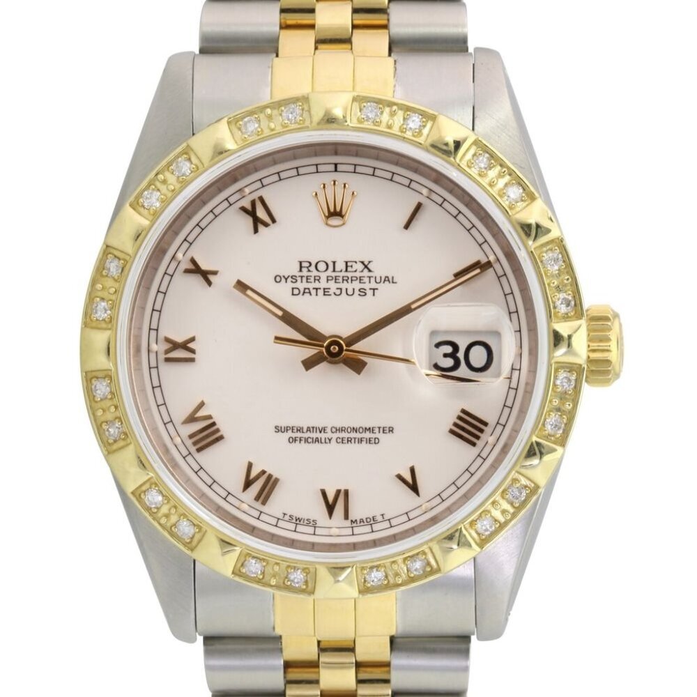 ROLEX DATEJUST WHITE ROMAN DIAL DIAMOND 18KY & STEEL JUBILEE TWOTONE WATCH 16233